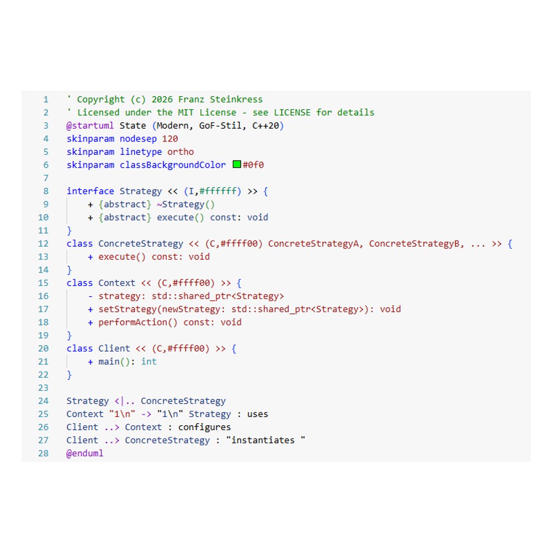 franzsteinkress's tweet photo. Which systems primarily use the Strategy Pattern? 🤔
Decouple logic for runtime-swappable, plug-and-play algorithms.
👉 Overview, UML & C++20 code
🔗 https://t.co/dFn5TCTdaR
#DesignPatterns #CPP20 #UMLDiagrams #Coding
Inspired by @CppCon sessions & @isocpp resources. https://t.co/JaINW7OBY0