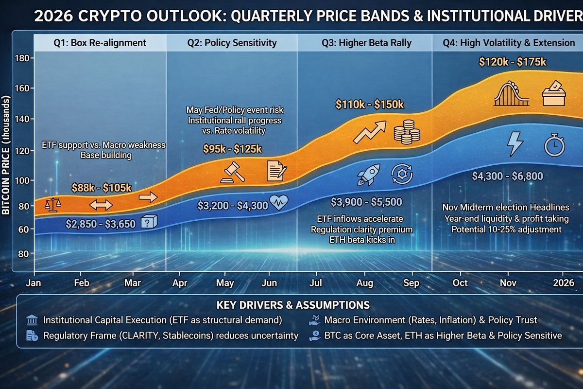 2026 분기별 비트코인/이더리움 전망] 저는 2026년 크립토 시장을 단순히 단기 가격 변동으로 해석하지 않습니다. 올해는 매크로  환경, 미국의 규제 프레임 정비, 그리고 ETF를 중심으로 한 제도권 자금의 실행이 동시에 얽히면서, 가격이 기술적