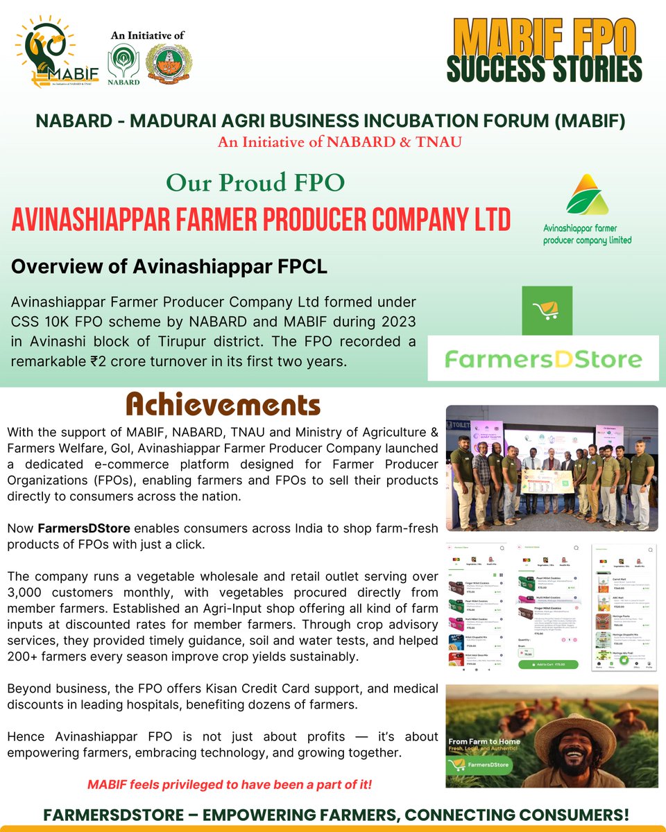 Success Story | Avinashiappar FPCL

Empowering farmers through innovation, market access and collective growth—with the support of NABARD, NABARD, TNAU and Ministry of Agriculture &amp; Farmers Welfare, Government of India.

MABIF is proud to be part of this inspiring journey.