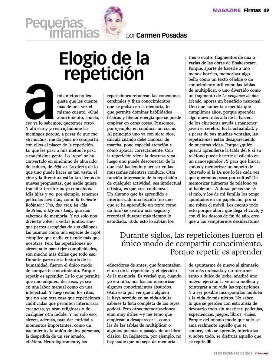 En una época obsesionada con la novedad y el atajo tecnológico, olvidamos que solo se aprende, se interioriza y se disfruta de verdad aquello que se repite. Repetir es aprender.