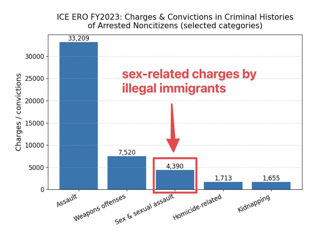 This blows my mind, so read carefully:

There were **4,390** pre-existing sexual assault convictions by illegal immigrants arrested in 2023.

Read that again. Really think about it.

I'm pretty sure the amount of sexual assault we should tolerate, especially by people who already