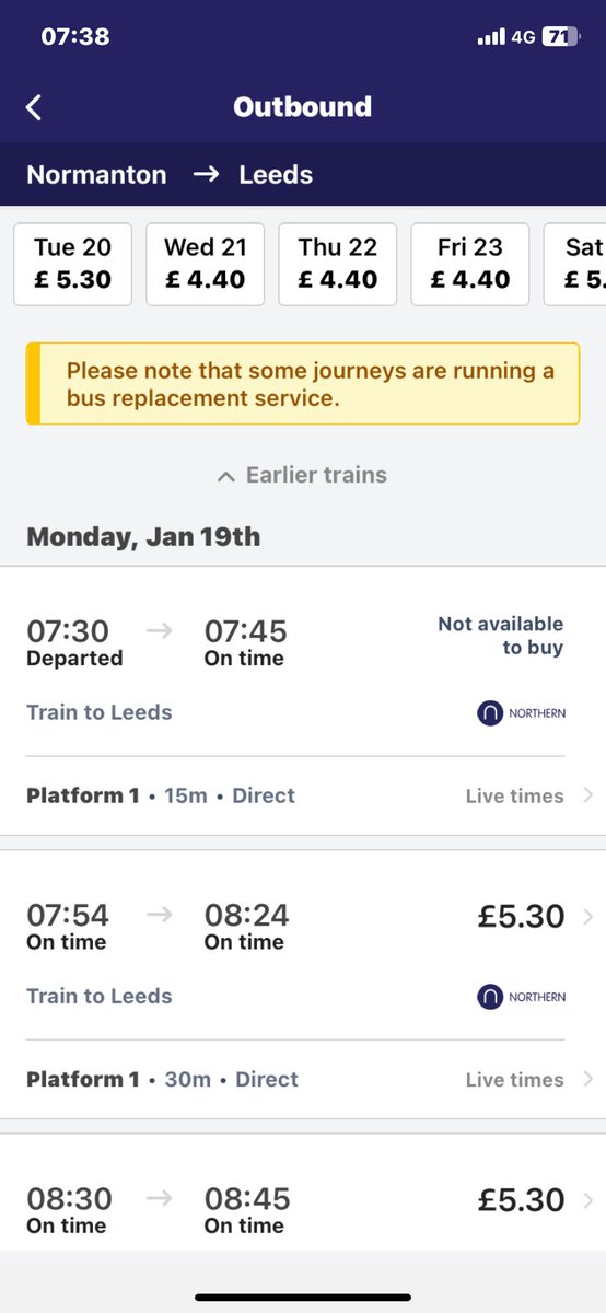 bam58_'s tweet photo. @northernassist I don’t think you read my tweet. The Northern app is showing the train arriving at Normanton at 07.30 yet it actually arrived today 07.26am so the northern app time is wrong. Also the information boards said 07.30 arriving at Normanton? https://t.co/OQfkGBwOXo