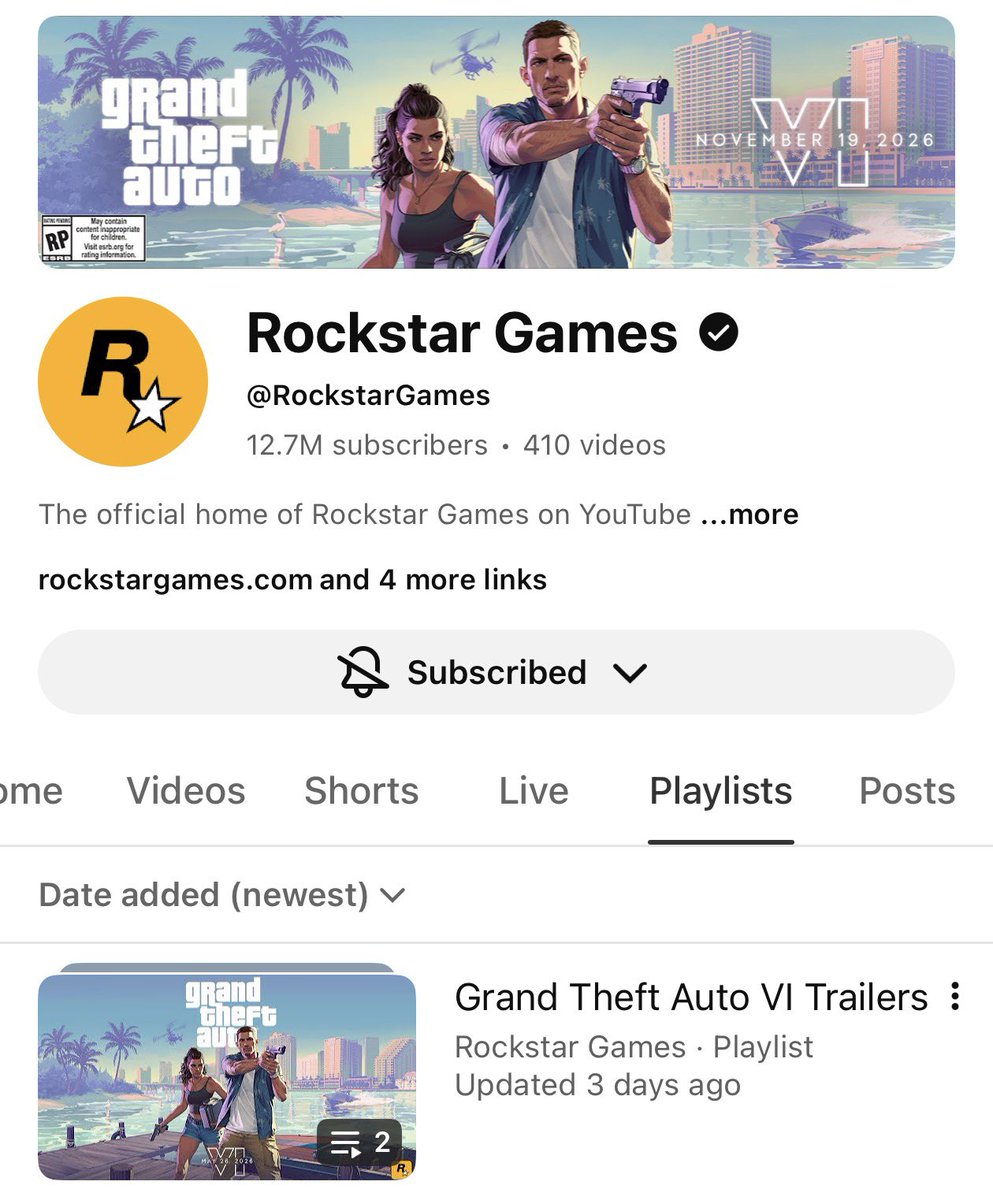GTA_Unlimited's tweet photo. Rockstar updated their GTA 6 playlist 3 days ago. Trailer 3 incoming? 👀 https://t.co/oSZ7iTBixs