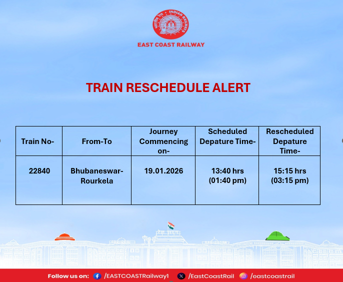 EastCoastRail's tweet photo. Train Reschedule Alert

Train No. 22840 (Bhubaneswar–Rourkela) scheduled on 19.01.2026 will now depart at 15:15 hrs instead of 13:40 hrs.

Passengers are requested to plan their journey accordingly.
 #TrainReschedule #ECoRupdate

@RailMinIndia https://t.co/vWpnrtkMnO