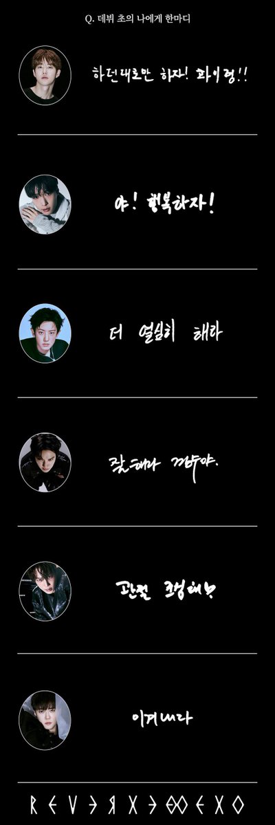 #REVERXE related Q&amp;A and messages from EXO 👑

Q. Which member came up with the most ideas while preparing for the comeback? 
🐰 Leader hyung: Kai
🦄 Lay: Chanyeol
🍒 Yeollie: Chanyeol
🐧 Doh Kyungsoo: Suho, Chanyeol
🐻 Jjong ♥︎: Chanyeol
🐥 Ohari/Ohchick: All
👑 — Chanyeol

Q