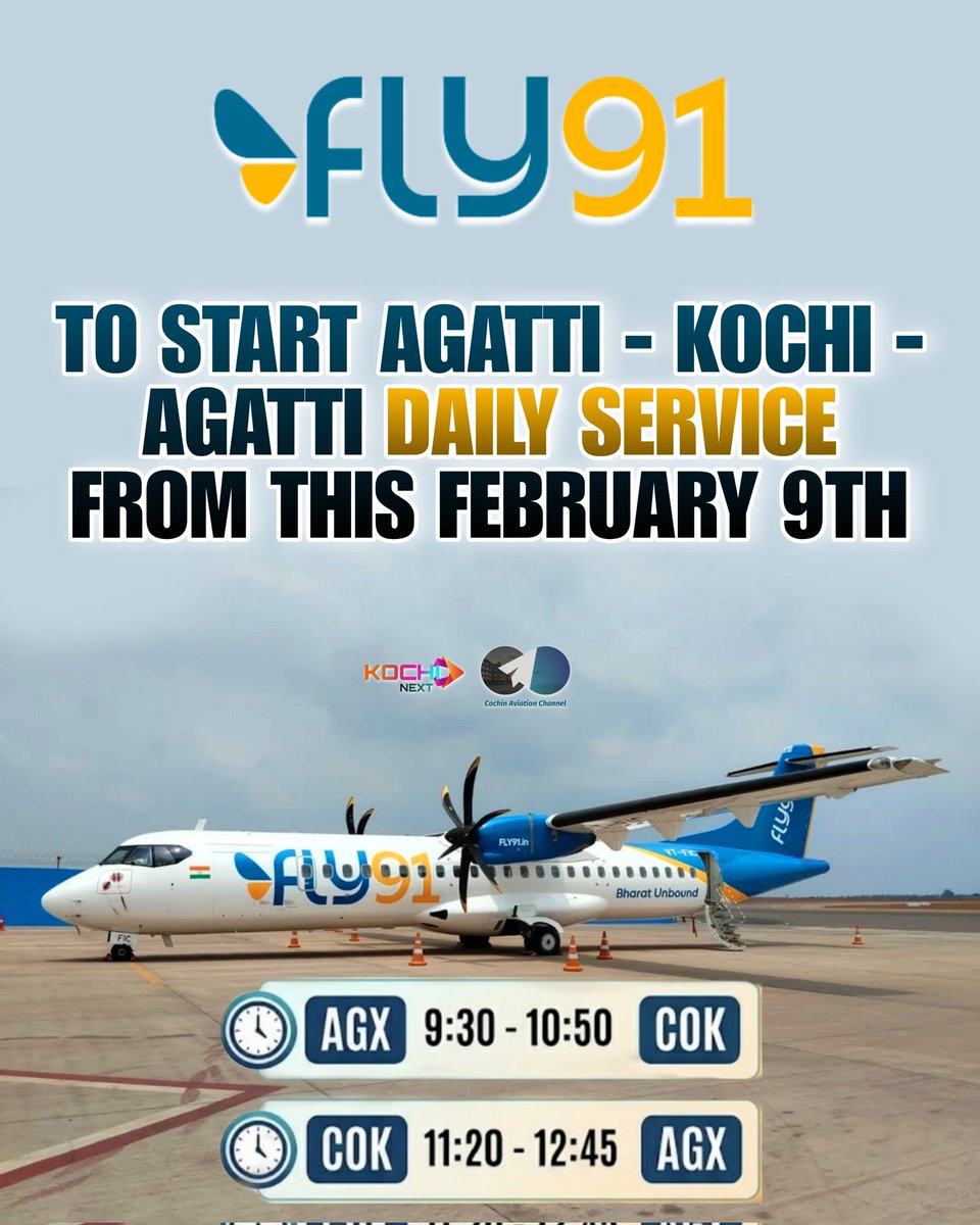 Kochi - #Agatti (#Lakshadweep) sector gets a third airline 👏👏

<a href="/fly91_IN/">fly91.in</a> has started bookings for its first service from Kochi (COK) ❤️

COK - AGX daily services will commence from February 9th

Currently <a href="/IndiGo6E/">IndiGo</a> &amp; <a href="/allianceair/">Alliance Air</a> operate daily in this sector
 #Kochi