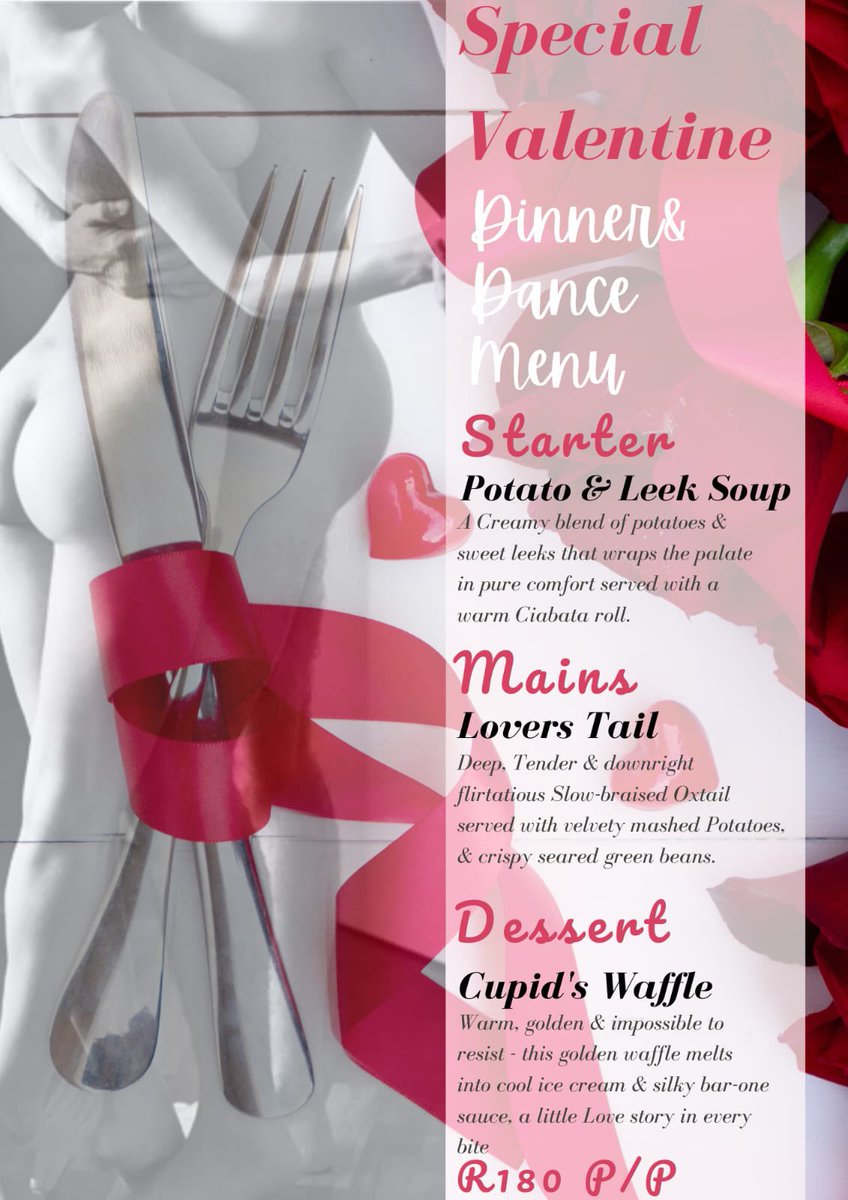 Join us Saturday 14 Feb for an evening of romance. Delicious food and dancing afterwards. Dinner will be served from 18:00 to 20:30. To book send a WhatsApp to 060 652 9002