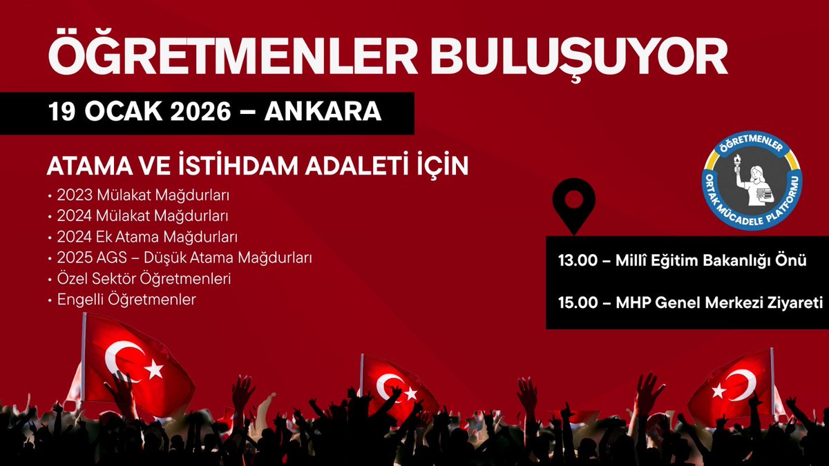 Atama bekleyen tüm öğretmenlerin sesi duyulmalı, bütün mağduriyetler giderilmelidir. Genç meslektaşlarımızın emekleri, başarıları, plansızlıklara kurban edilemeyecek kadar değerlidir.  Yetkilileri, bu haklı taleplere kayıtsız kalmamaya davet ediyoruz!
<a href="/RTErdogan/">Recep Tayyip Erdoğan</a> <a href="/Yusuf__Tekin/">Yusuf Tekin</a>