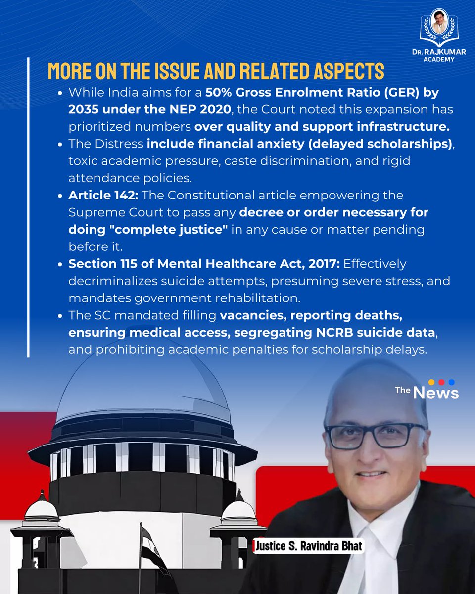 DrRajAcademy's tweet photo. The Supreme Court’s warning on the mental health crisis in universities forces a rethink of how India measures educational success beyond mere enrolment numbers.

#HigherEducationCrisis #StudentMentalHealth #SupremeCourtIndia #Article142 #PublicPolicy #DrRajkumarAcademy https://t.co/2RnNPA9Mm3