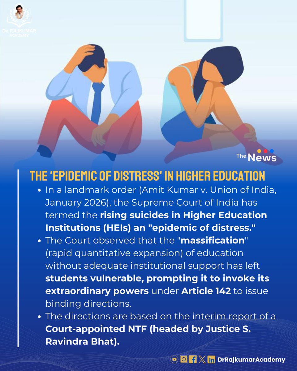 DrRajAcademy's tweet photo. The Supreme Court’s warning on the mental health crisis in universities forces a rethink of how India measures educational success beyond mere enrolment numbers.

#HigherEducationCrisis #StudentMentalHealth #SupremeCourtIndia #Article142 #PublicPolicy #DrRajkumarAcademy https://t.co/2RnNPA9Mm3