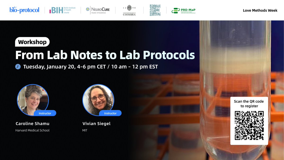 bioprotocolbyte's tweet image. 📢 Bio-protocol presents: "From Lab Notes to Lab Protocols"
📅 January 20 | 4-6 PM CET / 10 AM -12 PM EST
🔗 To Register: mit.zoom.us/meeting/regist…

#LifeScience #Reproducibility #LabProtocols #LoveMethods26
