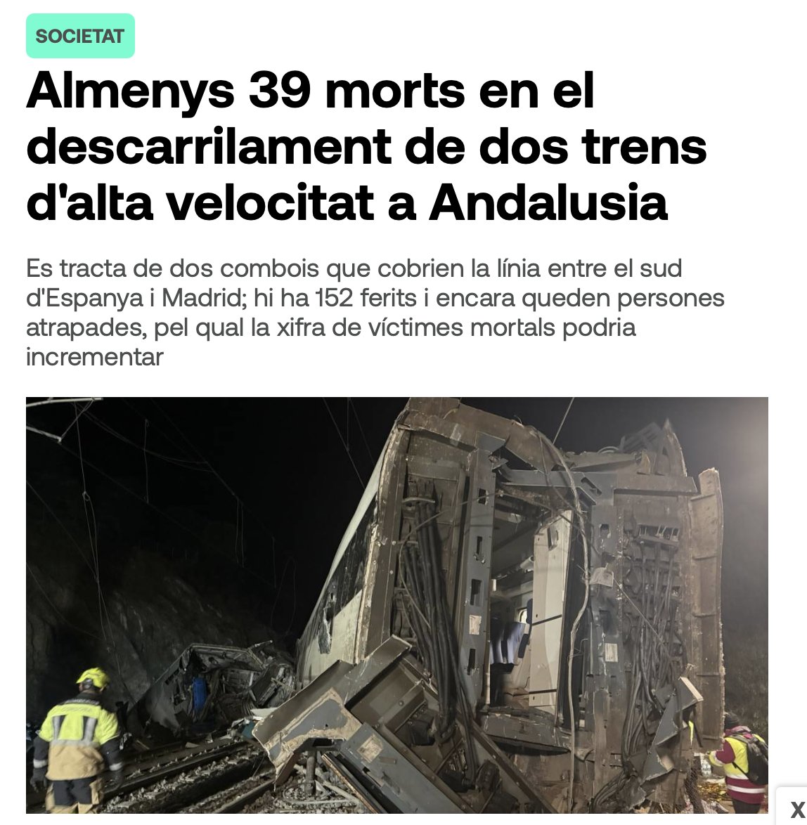 Tot el nostre condol a les víctimes de l’accident ferroviari a Andalusia i a les seves famílies.

Desitgem una ràpida recuperació a les persones ferides i expressem el nostre reconeixement als serveis d’emergència.

Seguim amb preocupació l’evolució de la situació.