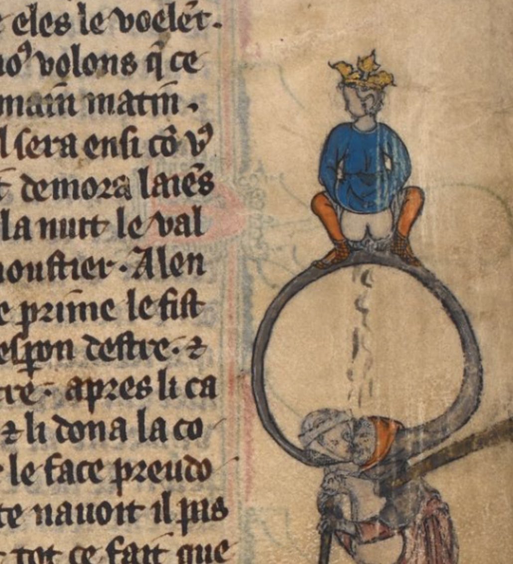 King pooping on two grotesques heads. The grotesques are kissing and don’t seem to be noticing what the king is doing. Is it possible this image is a metaphor for oppressive rulers? Part of the famous Lancelot-Grail (Prose Vulgate Cycle) of Arthurian romance, 1316 France