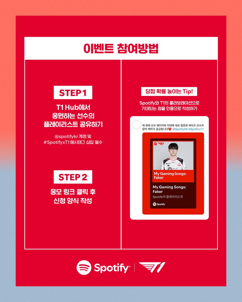 SpotifyKR's tweet photo. 스포티파이와 T1의 만남은
2026년에도 계속됩니다❤️

지금 T1과 스포티파이에 대한 기대를 담아 
2026 T1 유니폼 증정 이벤트에 참여해 보세요!
추첨을 통해 2026 T1 유니폼 자켓을 선물합니다🎁

☑️ 응모 기간: 1.19(월) 6PM - 1.22(목) 6PM
☑️ 당첨자 발표: 1.23(금) 이후 개별 DM 안내
☑️ 참여 방법
1) 스포티파이 T1 Hub에서 
응원하는 선수의 플레이리스트 공유하기
(@spotifykr 계정 및 #SpotifyxT1 해시태그 삽입 필수)
https://t.co/qZherl3hVU

2) 응모 링크 클릭 후 신청 양식 작성하기
*당첨 확률 높이는 Tip!
Spotify와 T1의 콜라보레이션으로 
기대되는 점을 인용으로 작성하기
☑️ 응모하기: https://t.co/4nCX472Ef0

*비공개 계정은 참여 확인이 어렵습니다.
*50,000원이 넘는 상품의 제세공과금(22%)은 스포티파이에서 부담하며, 제세공과금 신고를 위해 개인정보를 요청 드립니다. (당첨자는 정보 제공을 거부할 수 있으며, 이 경우 당첨은 취소됩니다.)

@T1LoL