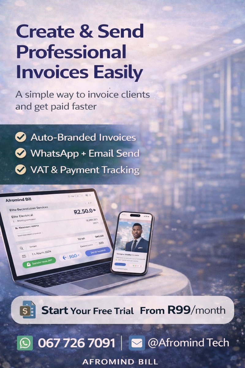 AfromindTech's tweet photo. 🚩Problem:
Small businesses struggle with admin &amp; professionalism.
🏳Solution:
Simple SaaS for:
1. Quotes
2. Invoices
3. Client tracking
Features:
Auto-branded invoices
VAT support
WhatsApp/email send
Payment tracking
Download PDF
#AfromindTech #afromindbill #invoices #quotation https://t.co/bsdCTkugiQ