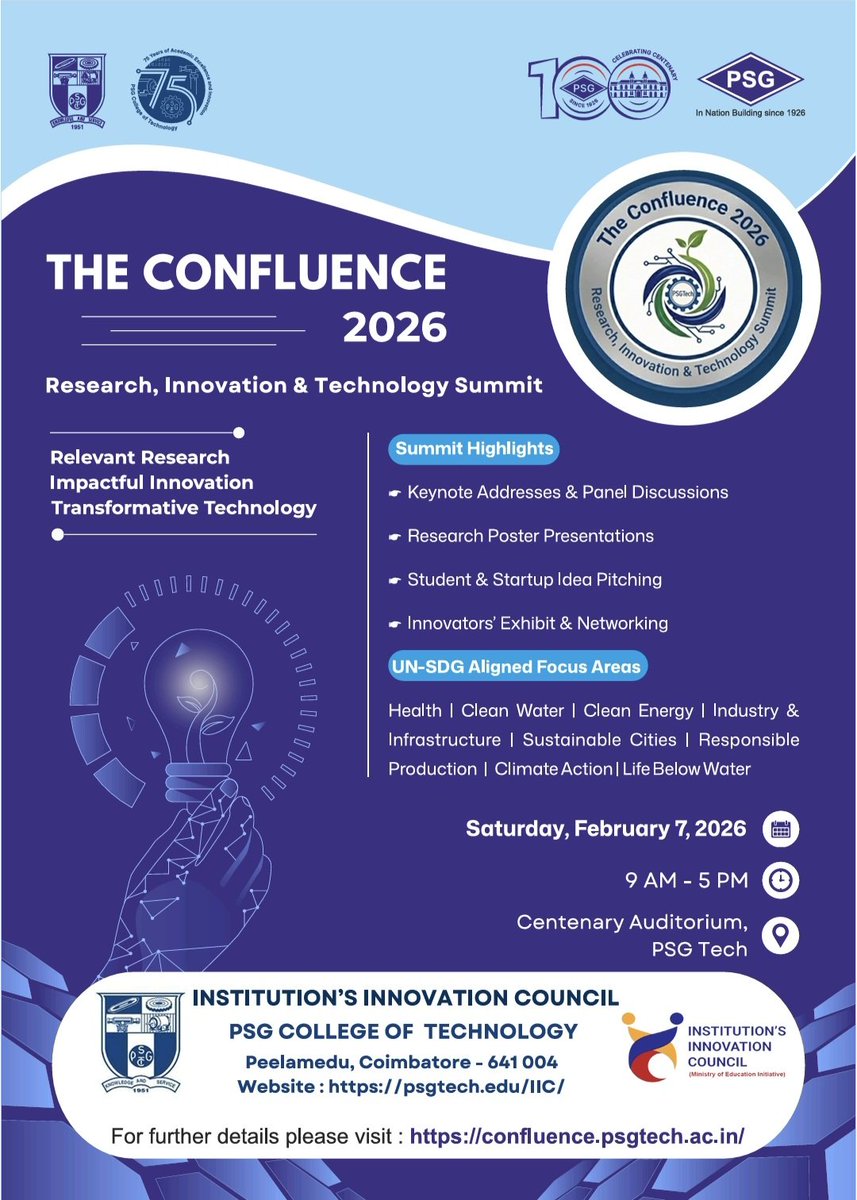iicpsgtech's tweet photo. The Institution’s Innovation Council (IIC), PSG College of Technology, Coimbatore, is organizing The Confluence 2026 – Research, Innovation &amp; Technology Summit on 7 Feb 2026.

Details &amp; Registration: https://t.co/QTI6WkDSr7 https://t.co/7XvMIXJfTF