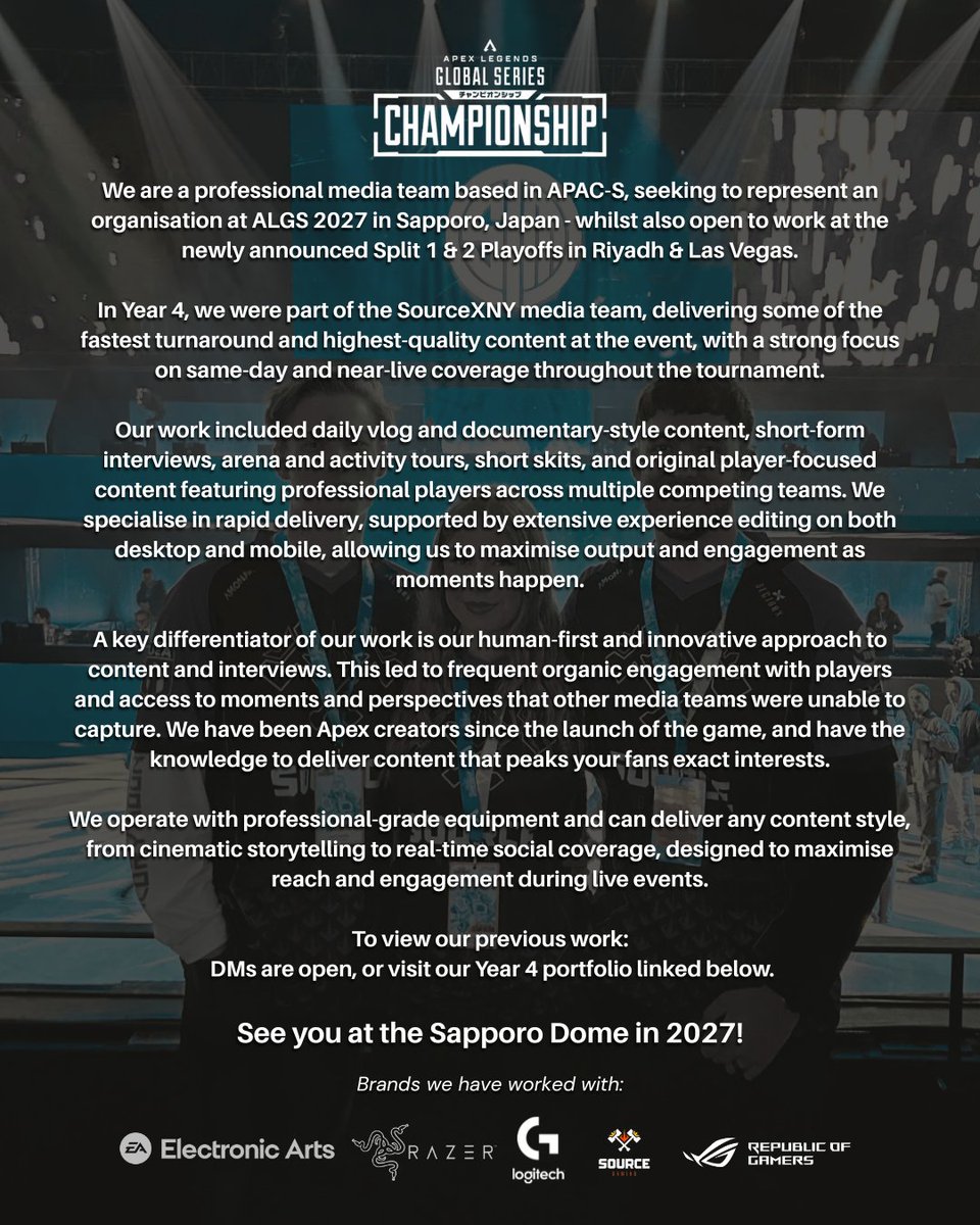 Phantisy_'s tweet photo. MEDIA TEAM CALL-OUT TO ORGANISATIONS IN APEX LEGENDS! 📣

We are an APAC South-based content and marketing team with proven experience in the Apex Legends space, committed to long-term involvement across #ALGS Year 6 and beyond.

Any likes & retweets are appreciated!

🔗 Portfolio linked below

@PlayApex #ApexLegends #ALGSSapporo