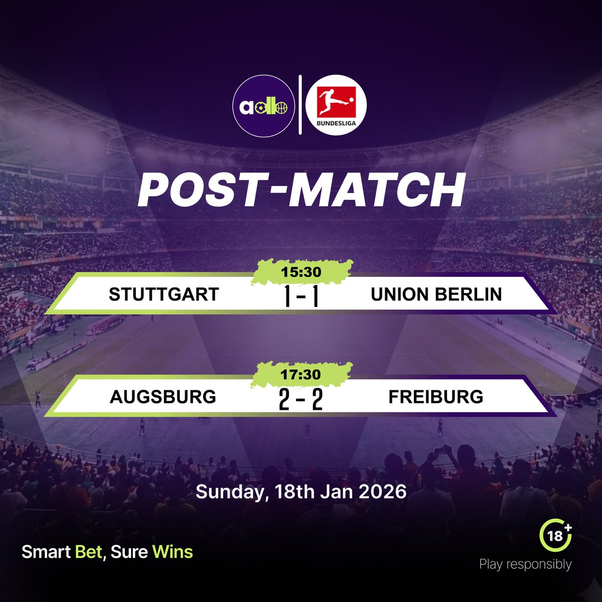 adasibet's tweet photo. Full-time whistle blown
The games are done, the numbers are in.
Another matchday wrapped with AdasiBet, where smart plays meet real results.
Stay locked. More action loading.
#AdasiBet
#PostMatch
#FullTime
#MatchdayRecap #SmartBetSureWin https://t.co/1vxn51Qy0c