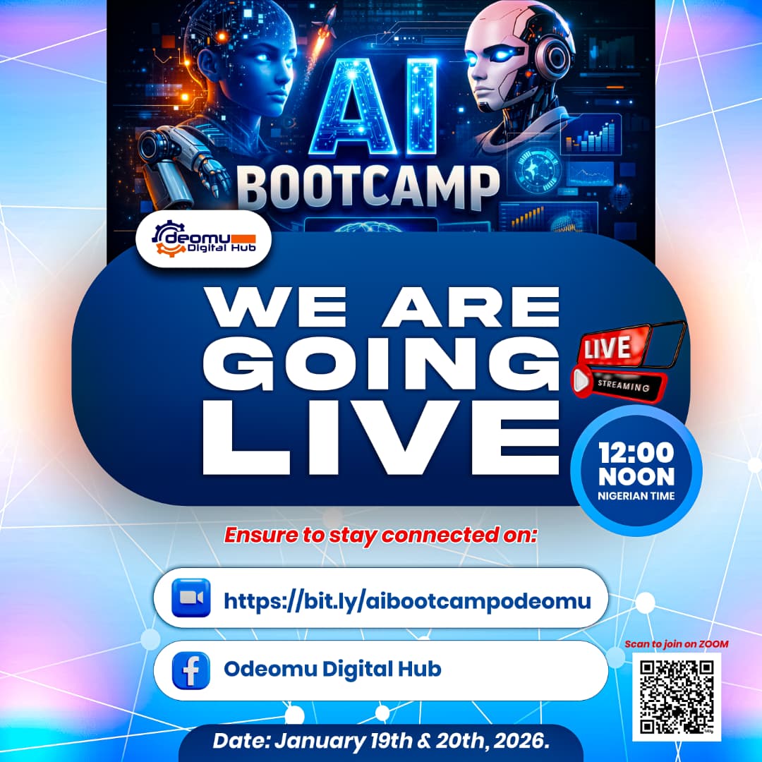 seunejidokun's tweet photo. Topic: AI BOOTCAMP ODEOMU TECH HUB
Time: Jan 19, 2026 12:00 PM Africa/Lagos
Join Zoom Meeting
https://t.co/ijLN4jdVju

Meeting ID: 896 0248 5904
Passcode: 983235 https://t.co/7gOyTor5NQ