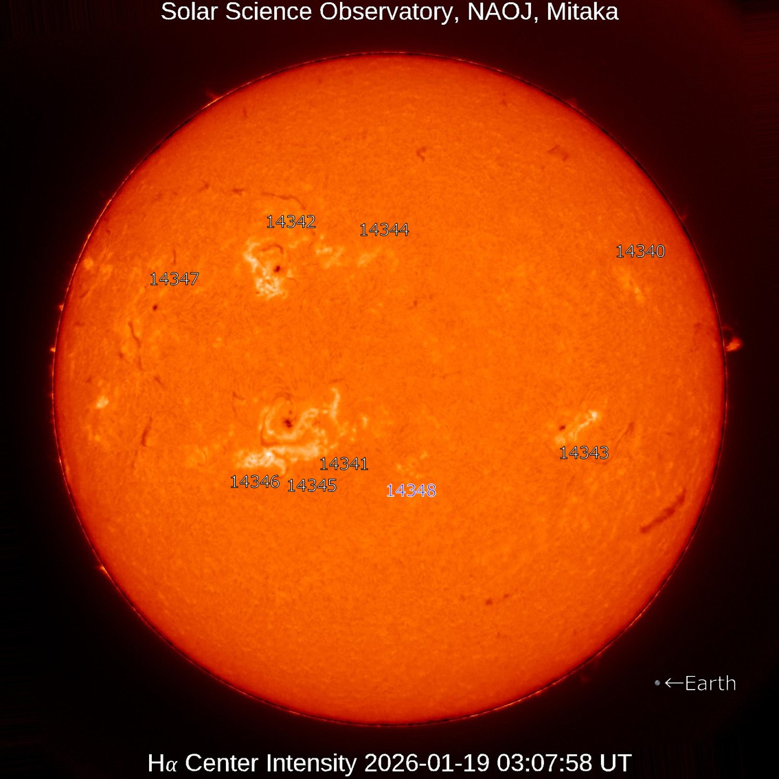 本日の太陽】2026-1-19のHα線全面像 活動領域14348が新たに出現しま
