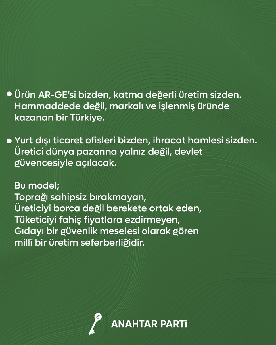 Toprağı sahipsiz bırakmayan, üreticiyi borca değil berekete ortak eden; gıdayı bir güvenlik meselesi sayan bir modelle geliyoruz. Afette sigorta, üründe destek, pazarda adalet… Üretici kazanacak, tüketici korunacak, Türkiye doyacak.

<a href="/anahtarim0/">AnahTARIM</a> <a href="/hhuseyindemiroz/">Hasan Hüseyin Demiröz</a>