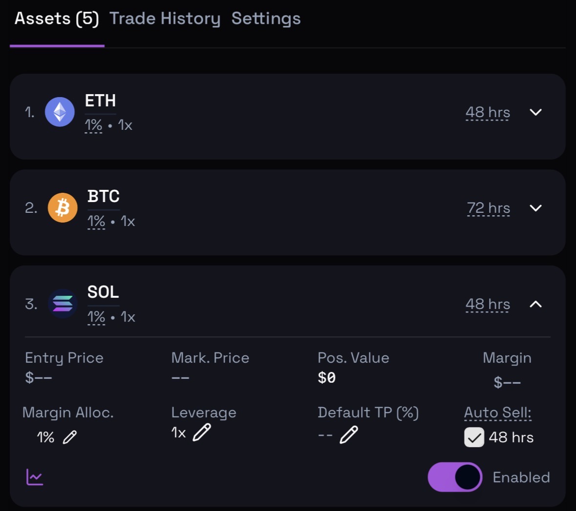 Step [4] Four Choose your market: → Select any pair you want the agent to  trade (BTC, ETH, SOL, or any supported assets ) → Optional: tweak risk  settings or leverage preferences