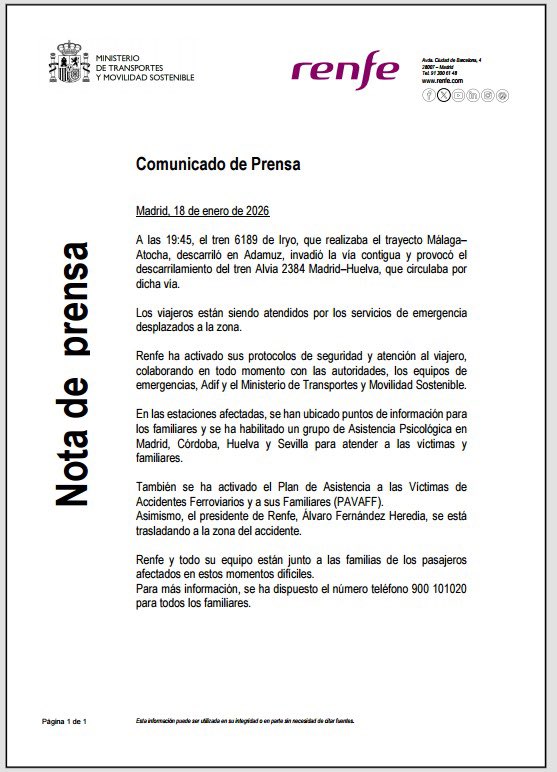 Ante el trágico accidente ferroviario en #Adamuz, la @EmbamexEsp expresa su solidaridad con las víctimas y sus familias.
Las personas mexicanas 🇲🇽 afectadas pueden comunicarse para asistencia consular a:
📞 +34 660 862 625
✉️ consmadrid@sre.gob.mx
Línea de <a href="/Renfe/">Renfe</a>: 900 10 10 20