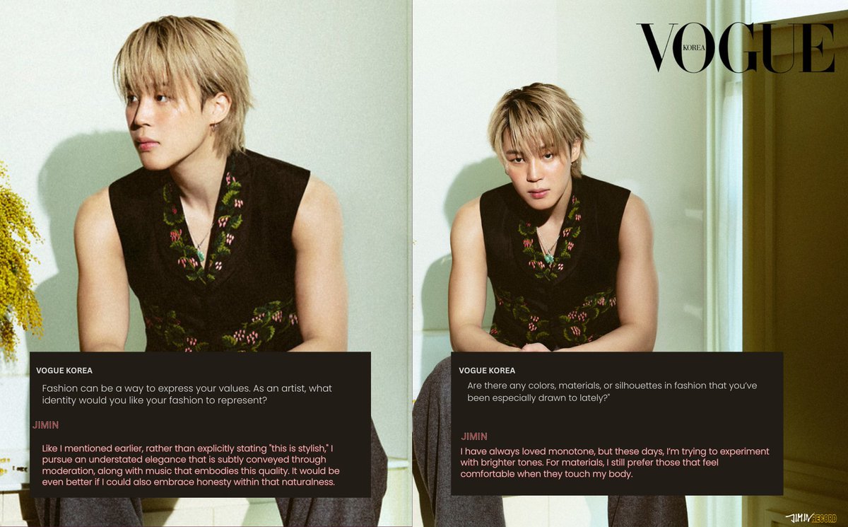 JIMIN_RECORD13's tweet image. 2026. 1. 19 &amp;lt;VOGUE KOREA&amp;gt; 패션 화보 

New Season with Jimin:
A man whom I am particularly delighted to see has been invited. Jimin, who has blossomed enough to fully embrace the new season in a wholesome way, draws in with an abundance of fresh, invigorating fragrances.

Jimin:…