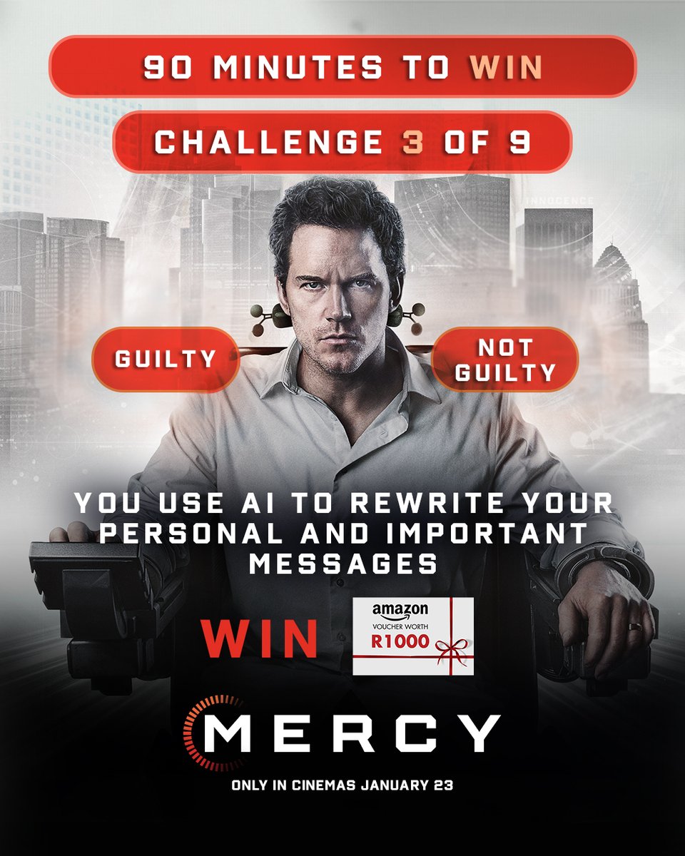 Challenge 3 of 9 is live.
Be honest… would you plead guilty to this one? 🫠
Comment GUILTY or NOT GUILTY for your chance to WIN an Amazon voucher worth R1000.
You’ve got 90 minutes to answer! ⏱️
#MercyMovie
In cinemas 23 January. Available in 3D and IMAX. 🍿