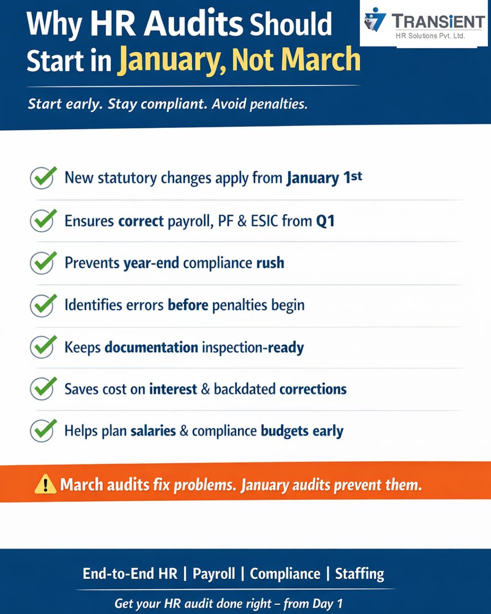 HrTransient's tweet photo. Start your HR audits in January to stay compliant, avoid penalties, and keep your payroll clean all year round.

📞 Contact: +91 2268759800
📧 Email: marketinghr@transienthr.com | hemant@transienthr.com https://t.co/UQrWZ04ojh