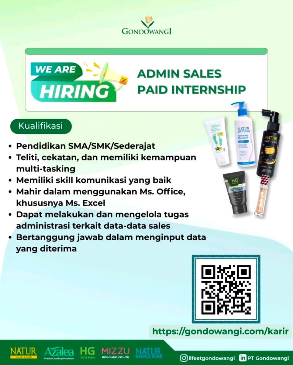 KampusUpdate's tweet photo. PT Gondowangi is hiring for Admin Sales Internship

Submit your updated CV by email recruitment@gondowangi.com https://t.co/MzxeOkDk3x