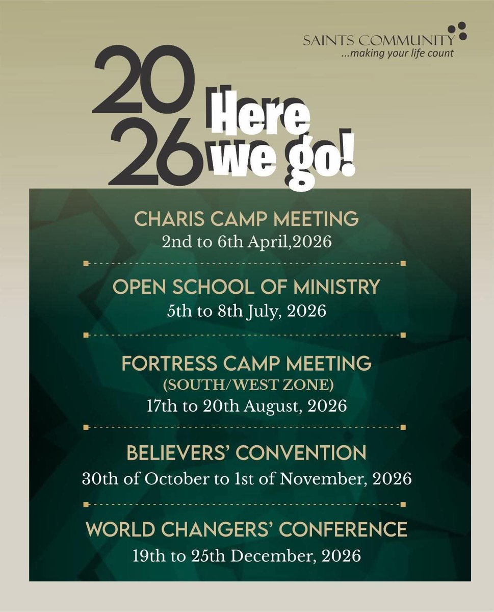 saintscommlagos's tweet photo. 2026, Here we go. See flier for more details.
It is the revelation of Jesus in all nations.
Pray for us! 
#chrissegunonayinka
#saintscommunitychurch https://t.co/0Z2Td87209