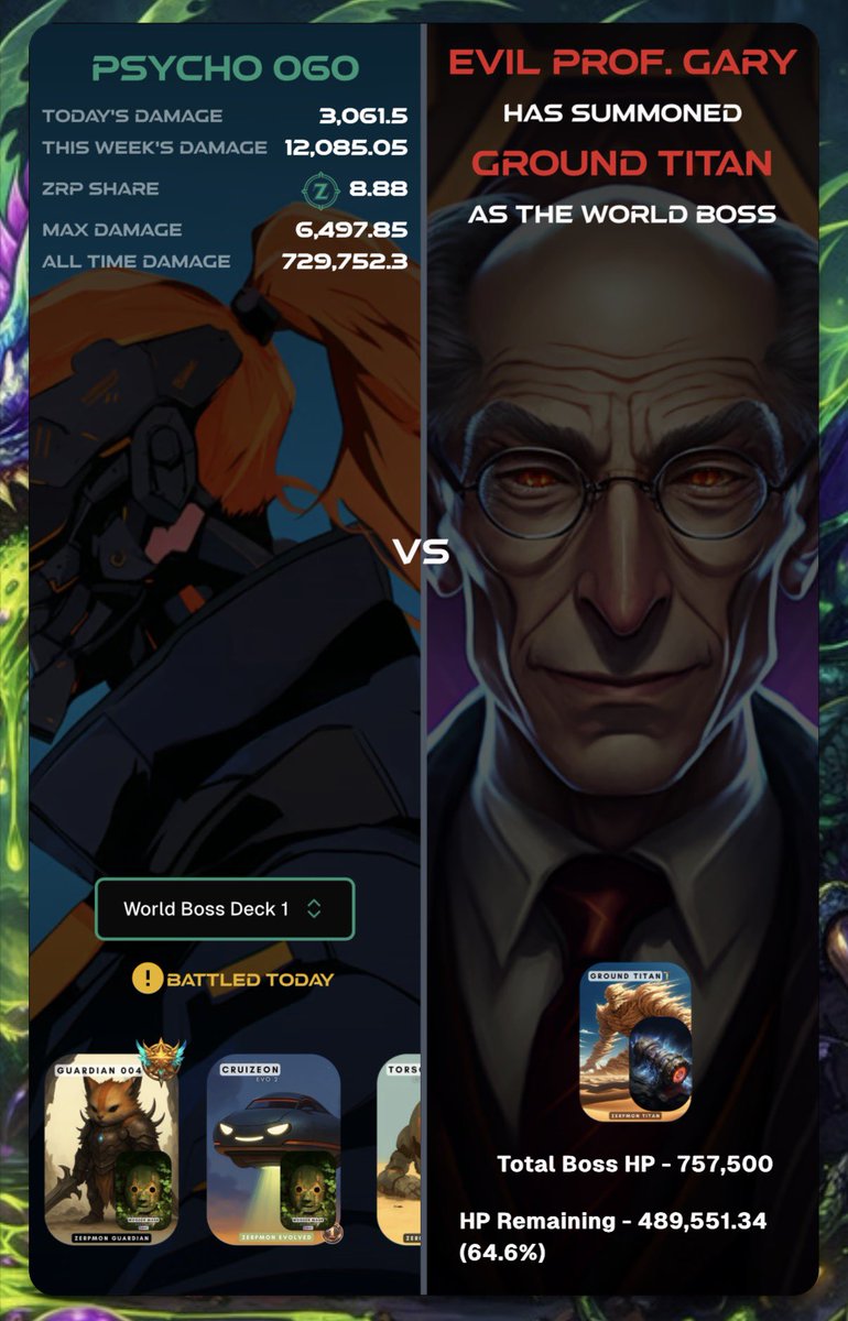 🐊<a href="/zerpmon/">Zerpmon</a> #WorldBoss
Finally landed some good hits on the world boss penetrating through his defense and even piercing through <a href="/EvilProfGary/">Gary</a> ‘s vault.

💰Accumulated earning: 8.88 $ZRP