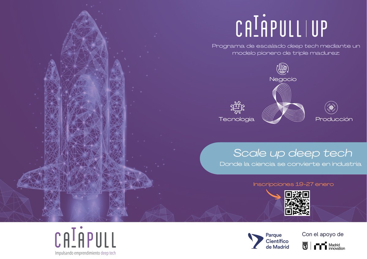 pcmMadrid's tweet photo. Lanzamos #CaTaPullUP 2026, programa financiado por @madridinnova para #escalar #startups y #scaleups #deeptech de <7 años, TRL>6 y vinculación con el ecosistema de innovación de #Madrid. 

📅Duración: 02-11/26

👉🏻Inscripción: 19-27/1/26
https://t.co/GlTnBsVCSi

#ContigoPCM https://t.co/YmhwqBqQsz