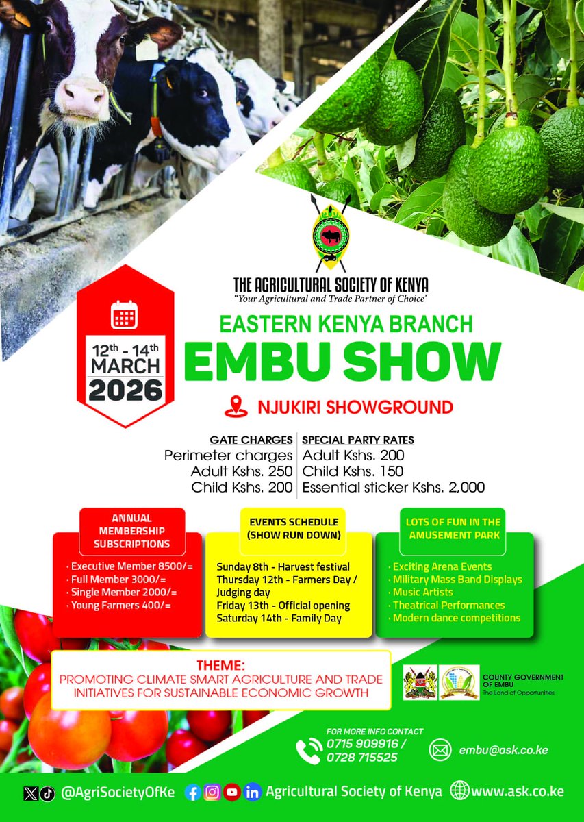 AgriSocietyOfKe's tweet photo. The biggest date in Eastern Kenya is officially set! 
The #EmbuShow2026 lands at Njukiri Showground from March 12th-14th. 
From Climate-Smart Ag-Tech to Military Band displays and an Amusement Park for the kids, it's a massive vibe.
Entry: 200 - 250/= See you there! #KilimoSmart #Embu #ASKShow