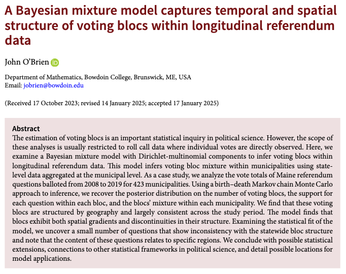 PSRMJournal's tweet image. 🗳️ How can we identify voting blocs when individual votes are not observed?

➡ Using a Bayesian mixture model, J O’Brien recovers geographically structured voting blocs from aggregated municipal referendum data in the US (Maine 2008–2019) cambridge.org/core/journals/… #FirstView