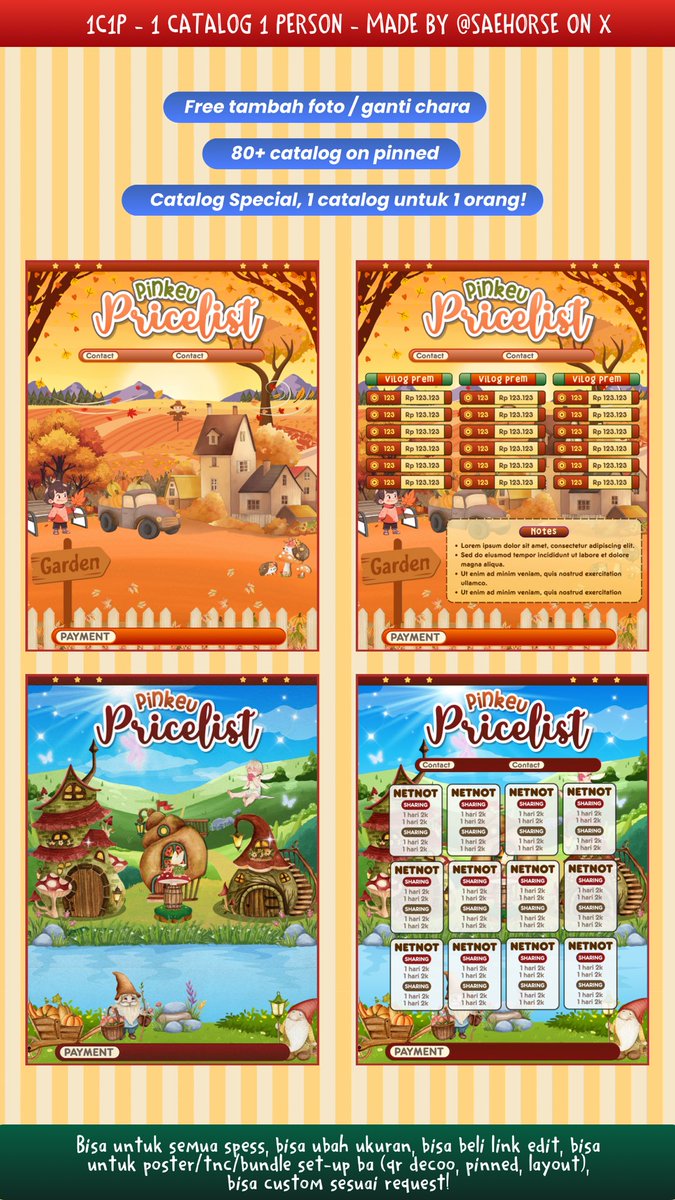 saehorse's tweet image. Help repost? Maaci🧀❤️

(1 catalog untuk 1 orang) 

Aku bawain 8 catalog 1C1P edit pricelist, bisa untuk semua spess..! bisa resize &amp;amp; bundle set-up BA (qr deco, loyalty card, pinned/mubox dll) ! &amp;gt;~&amp;lt; 

bisa beli link-canvanya juga 👩🏻‍✈️✈️ check alt! #zonauang #zonaba
