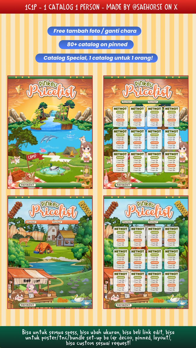 saehorse's tweet image. Help repost? Maaci🧀❤️

(1 catalog untuk 1 orang) 

Aku bawain 8 catalog 1C1P edit pricelist, bisa untuk semua spess..! bisa resize &amp;amp; bundle set-up BA (qr deco, loyalty card, pinned/mubox dll) ! &amp;gt;~&amp;lt; 

bisa beli link-canvanya juga 👩🏻‍✈️✈️ check alt! #zonauang #zonaba
