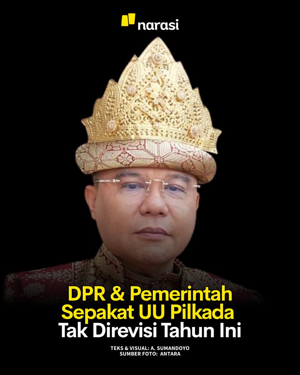 NarasiNewsroom's tweet image. Wakil Ketua DPR RI Sufmi Dasco Ahmad menegaskan DPR dan pemerintah sepakat tidak merevisi UU Pilkada tahun ini. Ia menyebut RUU Pilkada tidak masuk Prolegnas Prioritas 2026, sehingga tidak ada rencana pembahasan.

Dasco juga memastikan isu pilkada dipilih DPRD belum terpikirkan…
