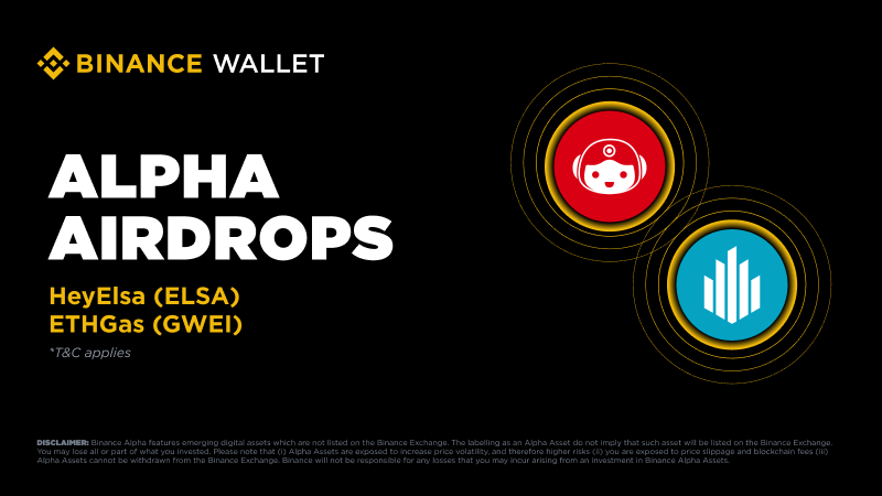 BinanceWallet's tweet image. Binance Alpha will be the first platform to feature:

HeyElsa (ELSA) on January 20
ETHGas (GWEI) on January 21

Eligible users can claim their airdrops using Binance Alpha Points on the Alpha Events page once trading opens. Further details will be announced soon.

Please stay…