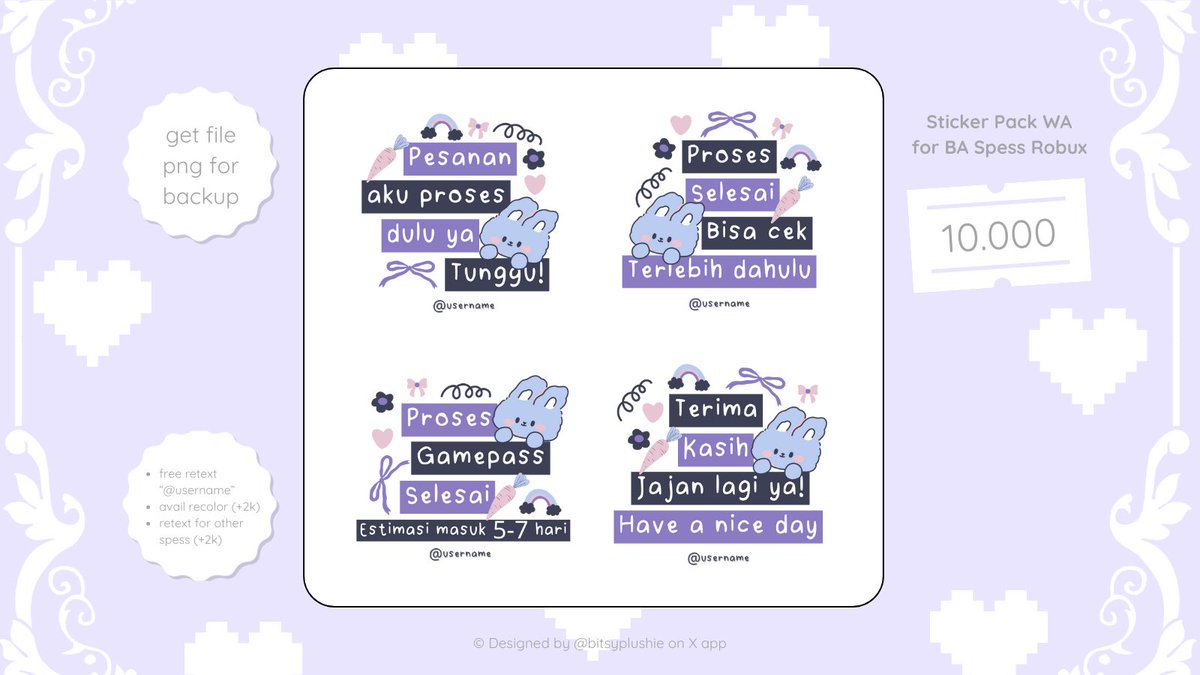 bitsyplushie's tweet image. help repost, thank you ૮ ․ ․ ྀིა

sticker pack wa | ba robux [ 10.000 ]
"Usagi" — ⓘ check alt for detail

&amp;lt; #zonauang &amp;gt;