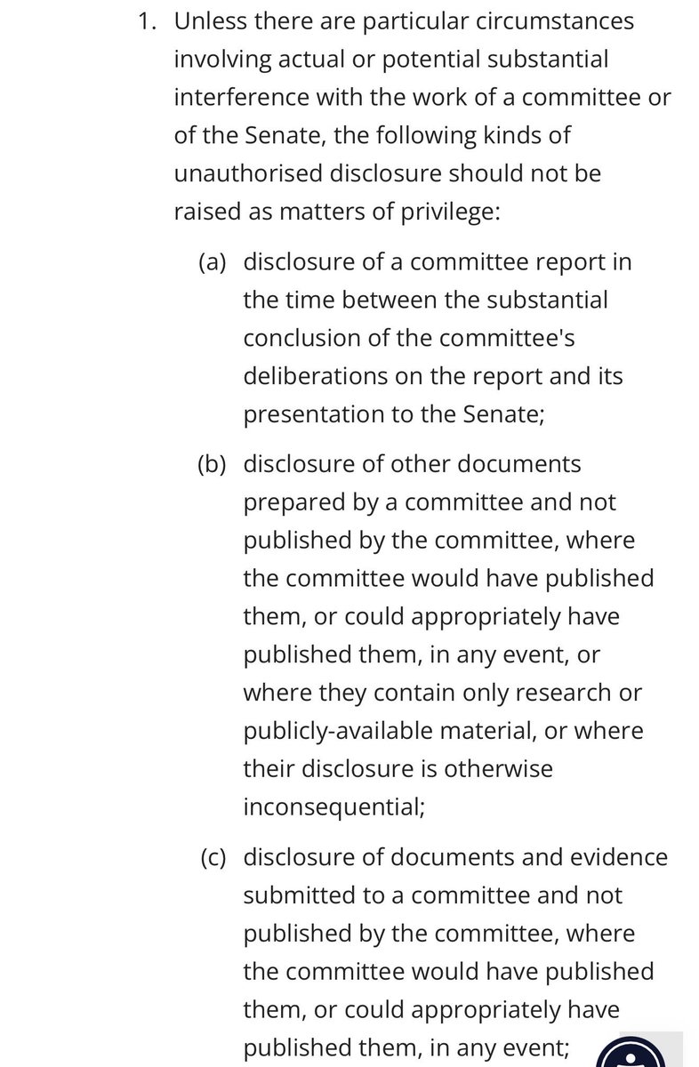 womland's tweet photo. @jeremy_gans It does exist as a rule. See for instance this resolution of the Senate from 2007. The resolution does go on to say that an unauthorised disclosure should not be raised as a matter of privilege where the committee would have published it, or could have, in any event. https://t.co/bz47HkAgRx