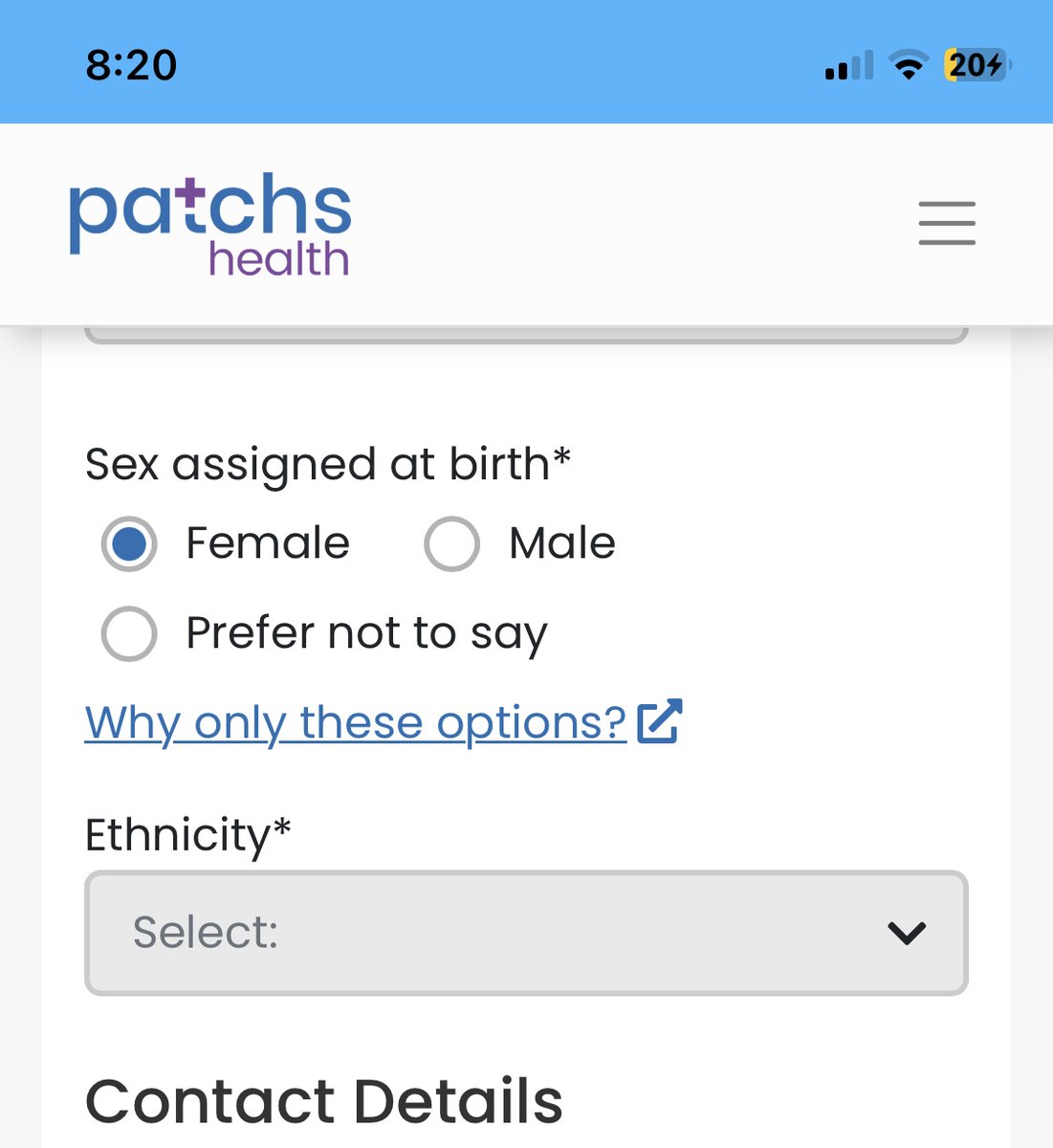 Rubio43210's tweet photo. Setting up #Patchs account & asked ‘sex assigned at birth’ 😖. Surely @NHSuk should know sex is determined at conception, observed & RECORDED at birth, NOT ‘assigned’ which implies a choice. It’s insane that the #NHS has allowed itself to become so captured it promotes a lie. 🤯 https://t.co/XEZXVjyGHf