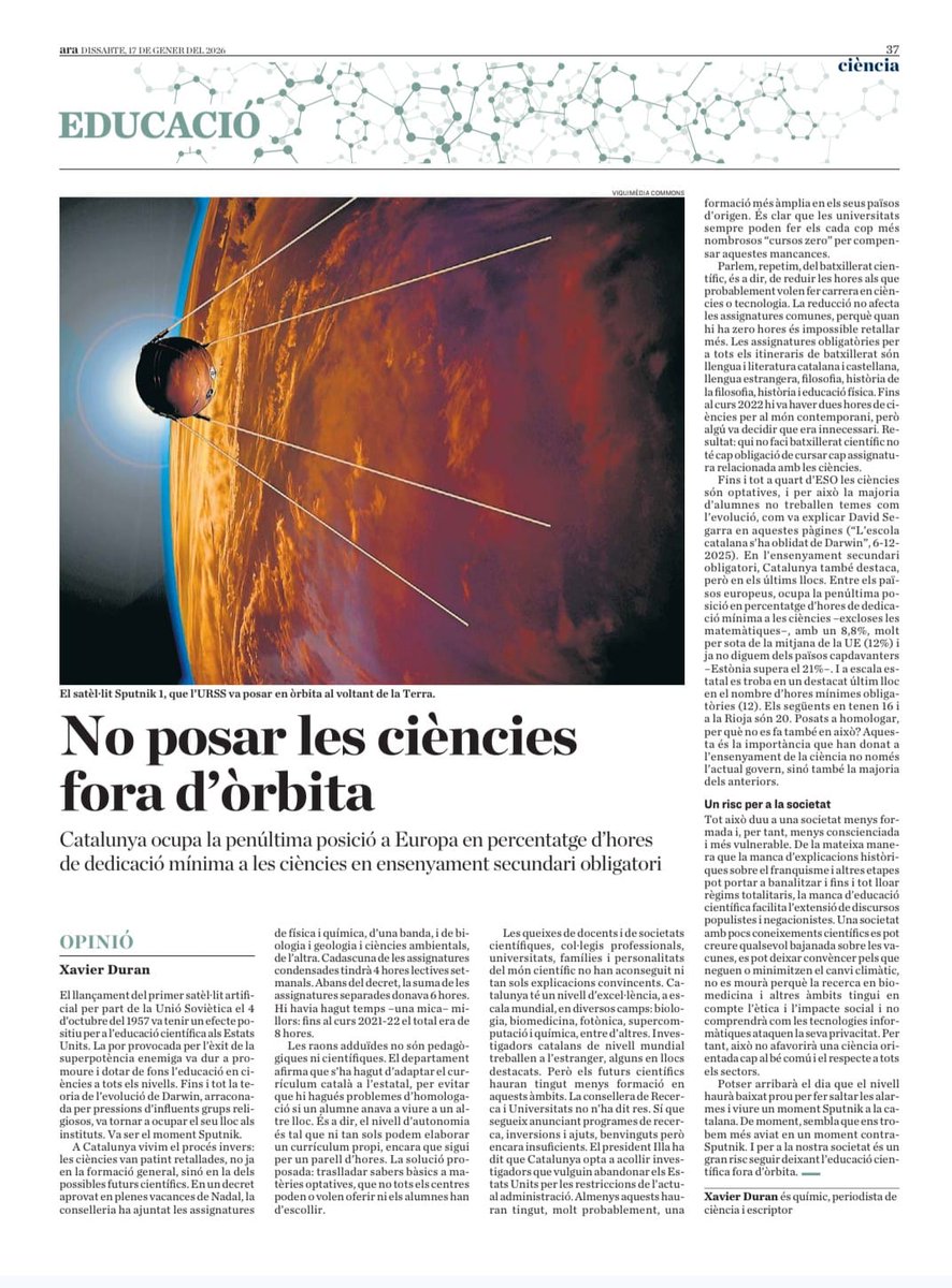 La reducció d'hores d ciències als curriculums escolars va en sentit contrari a les necessitats dl món tal i com existeix i es prefigura. Tal com adverteix <a href="/xduran_e/">Xavier Duran</a> en aquest article: "tot això duu a una societat menys formada i, x tant, - conscienciada i + vulnerable". Compte!