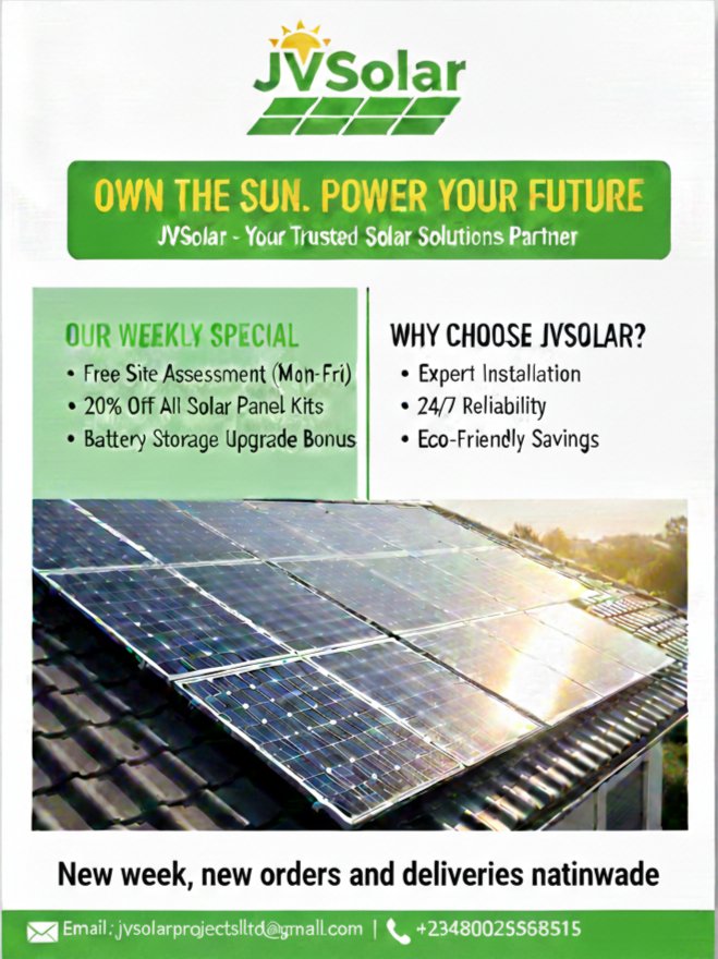 jvsolarprojects's tweet photo. Happy New Week! As we step into another week of opportunities and growth, JVSolar Projects Ltd remains committed to powering your homes, businesses, and communities with reliable and sustainable solar energy solutions.
Let’s embrace this week with innovation, energy, and purpose. https://t.co/31rCkq65HA