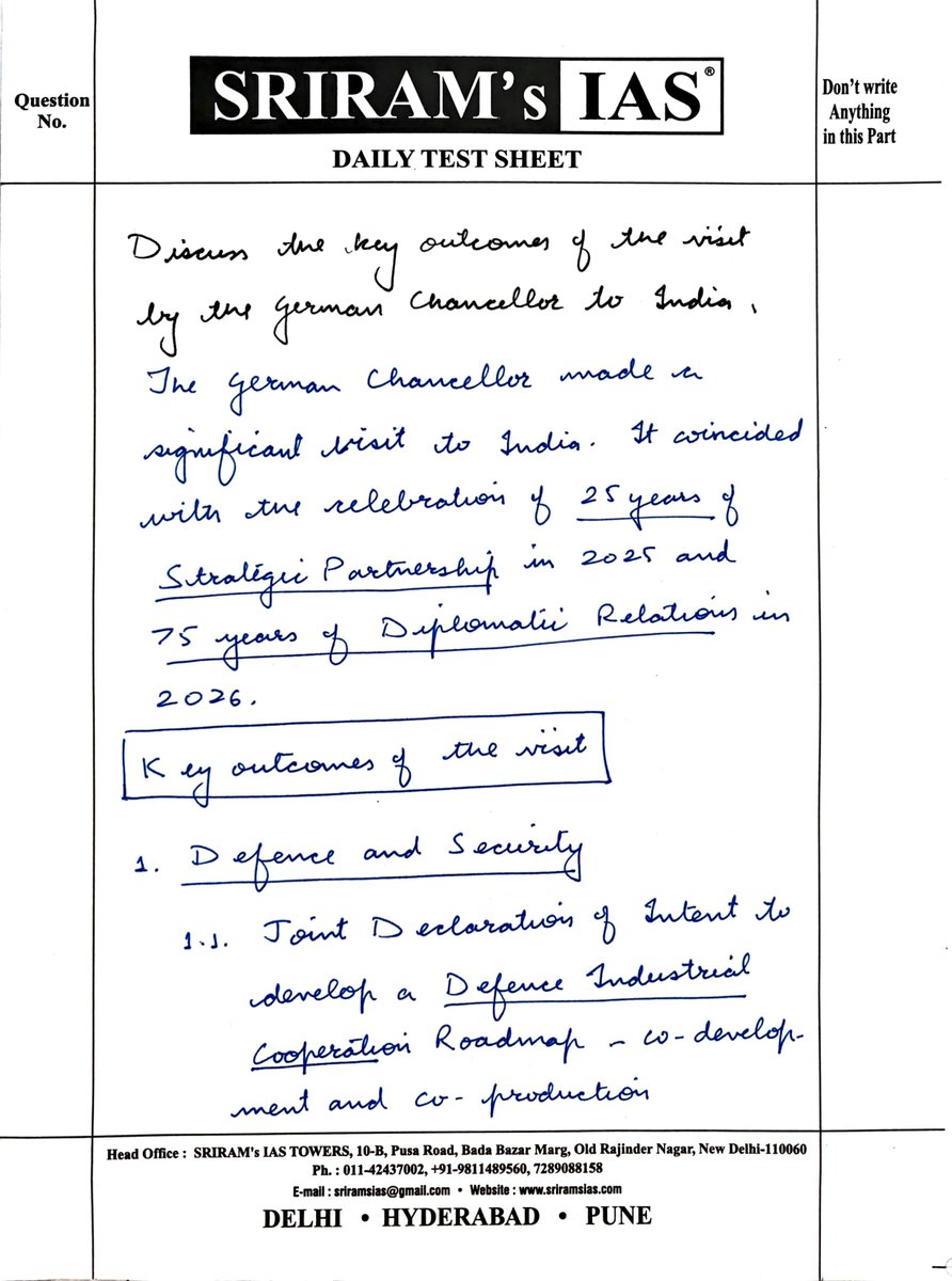 sriramsrirangm's tweet photo. Discuss the key outcomes of the visit by the German Chancellor to India . 

#upsc2026 #upscpreparation #UPSC #dailyanswerwriting #sriramsias