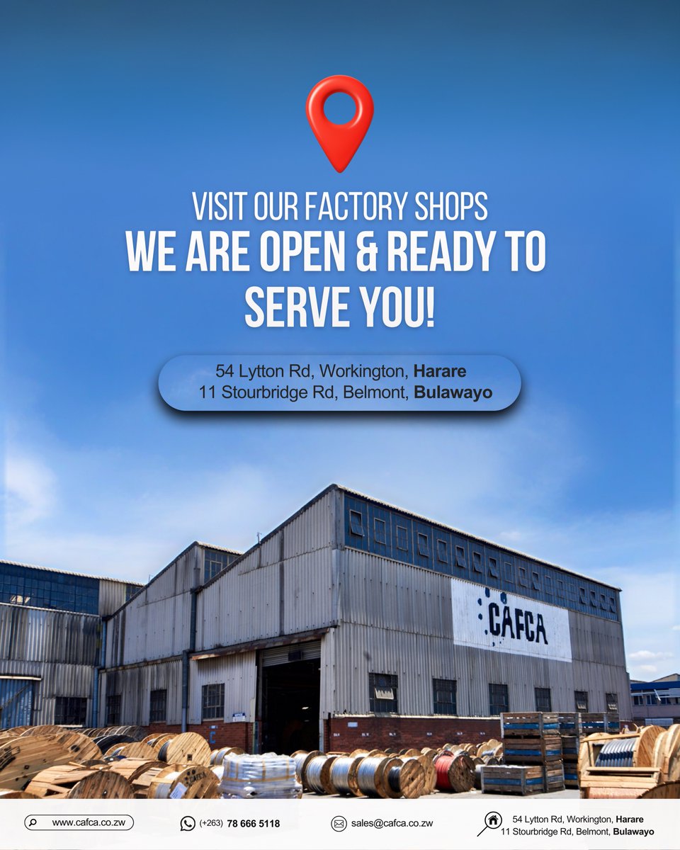 Happy New Week!✨
We are open and ready to serve you at our factory shops in Harare and Bulawayo.

Buy direct for trusted technical advice.👨‍🔧

📍 Harare Factory Shop
54 Lytton Road, Workington, Harare

📍 Bulawayo Factory Shop
11 Stourbridge Road, Belmont, Bulawayo