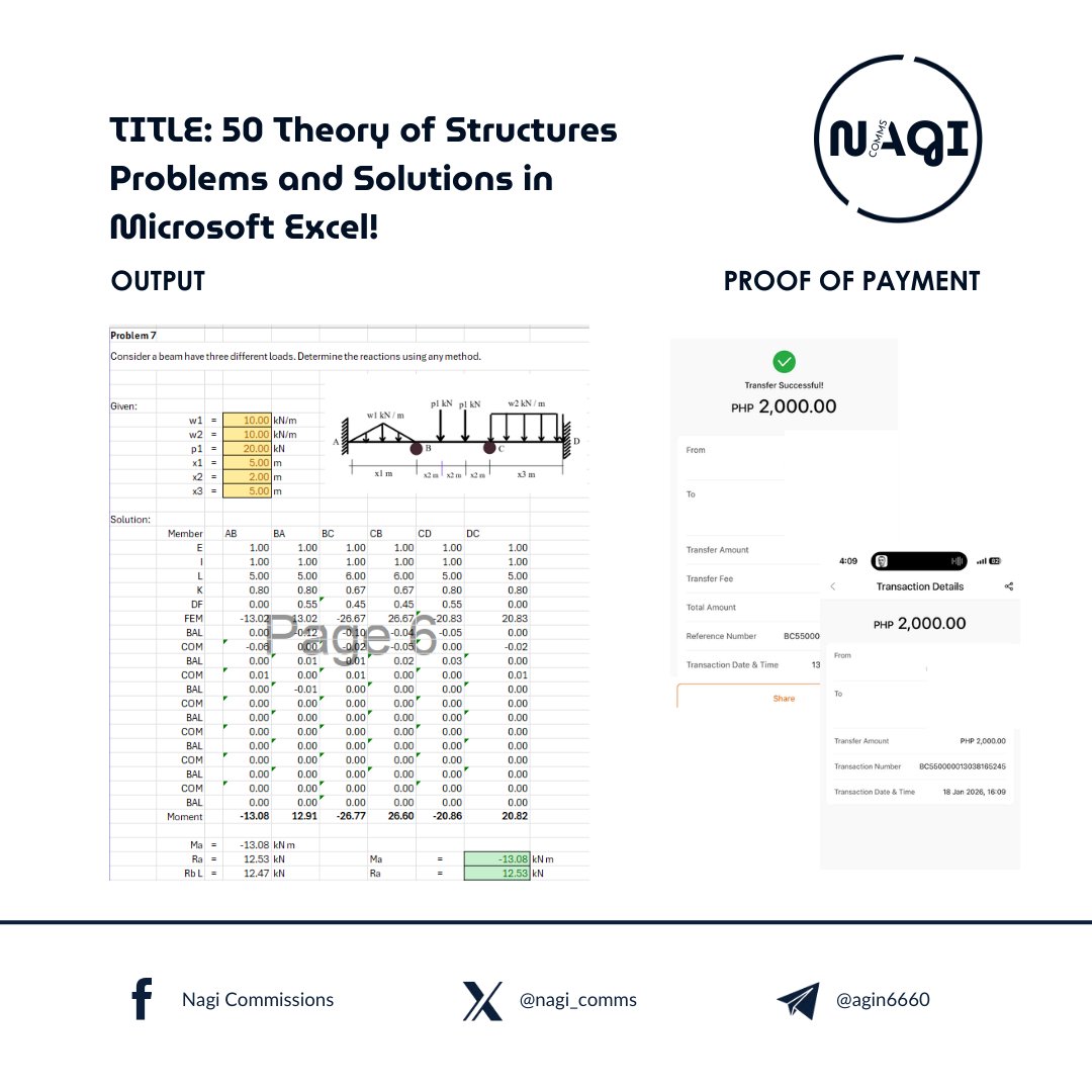 **50 Problem Theory Structures using Microsoft Excel** 

Thank you for trusting Nagi Comms!  

Statics of Rigid Bodies | Strema | Theory of Structures | Steel Design | RCD | Geotechnical Engineering | Fluid Mechanics | Hydraulics | DE #CECommissioner