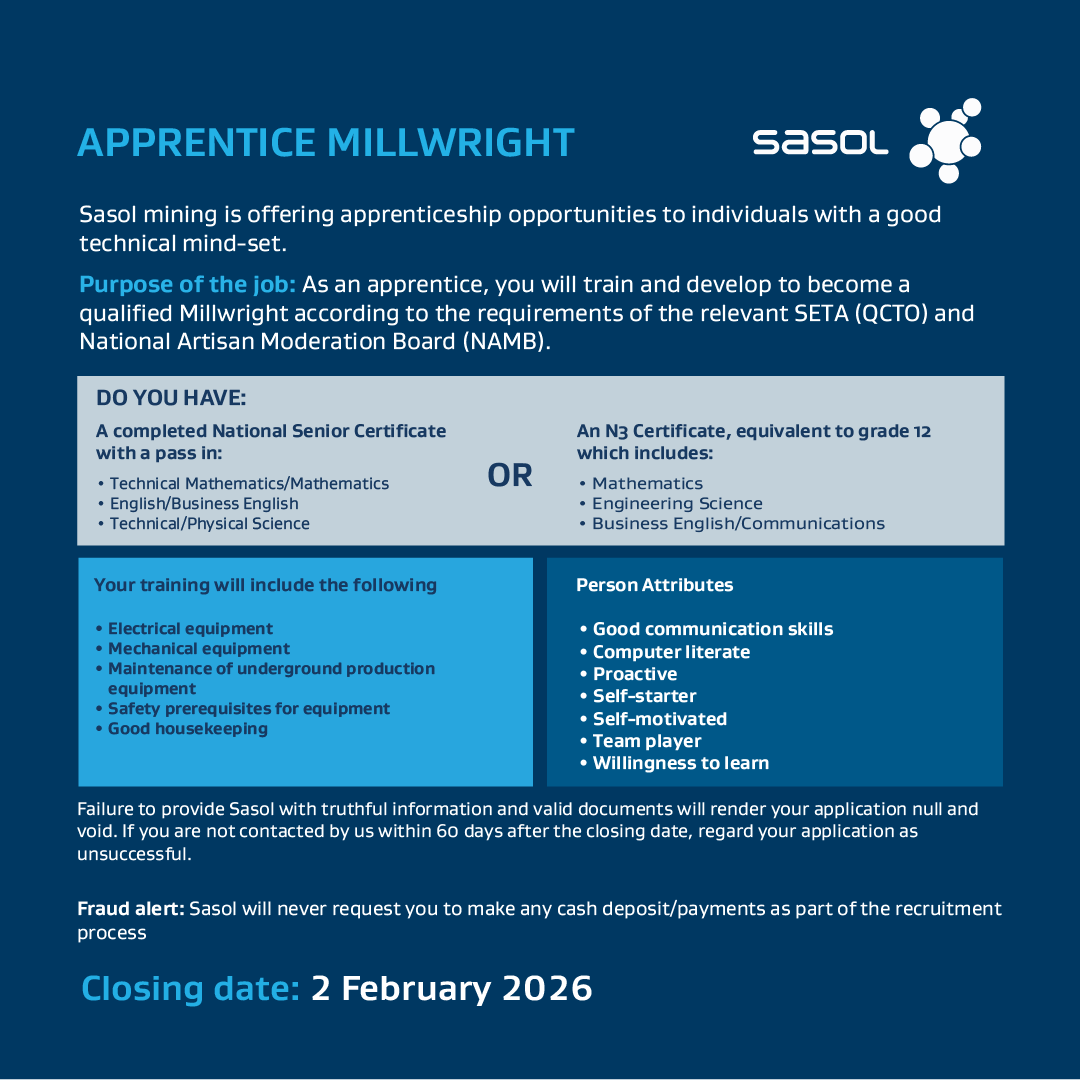 Career Opportunity | Apprentice Millwright

We are looking for motivated individuals to join our apprenticeship programme and train as qualified Millwrights.

Applications close 2 February 2026!
For requirements and to apply visit jobs.sasol.com/job-invite/111…