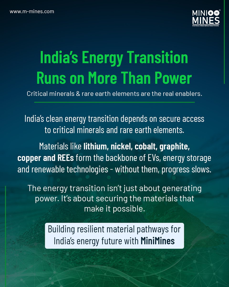 MiniMinesPower's tweet photo. India’s clean energy goals depend on critical minerals powering EVs, storage, and renewables. With EV demand rising, the energy transition is a materials challenge. 
Strengthen the future with MiniMines.

#EnergyTransition #CriticalMinerals #CleanTechIndia #EVFuture #MiniMines https://t.co/scSfxP9dGE